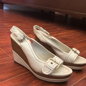 white and brown high heels